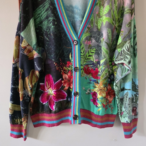 Desigual XL Eclectic Boho Art to Wear Tropical Floral Colorful Metallic Cardigan - Picture 7 of 16